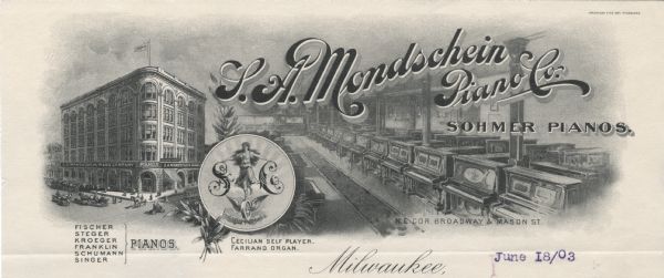 Memohead of the S.A. Mondschein Piano Company of Milwaukee, Wisconsin, dealer in Sohmer and other brands of pianos. Features a three-quarter exterior view of the store at Broadway and Mason streets, a circular trade mark with a female figure balancing on a winged wheel between the initials "S C," which she touches, and an interior view of the store with rows of pianos. Printed by American Fine Art, Milwaukee.