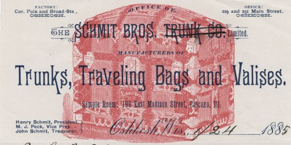 Letterhead of the Schmit Brothers Trunk Company of Oshkosh, Wisconsin, manufacturers of "Trunks, Traveling Bags and Valises." Features a background image of a Schmit Bros. trunk with metal edges, leather strapping, and three clasps, printed in red ink on lined notepad paper by J.H. Yewdale & Sons, Milwaukee.