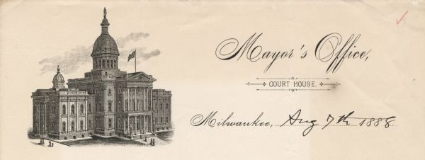 Letterhead of the Mayor's Office, with a three-quarter view of the Milwaukee courthouse and people standing or walking by the building.