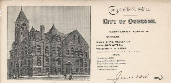 Letterhead of the City of Oshkosh, Comptroller's Office, with a three-quarter view of the city hall, people standing or walking by the building, and a horse-drawn carriage going down the street.