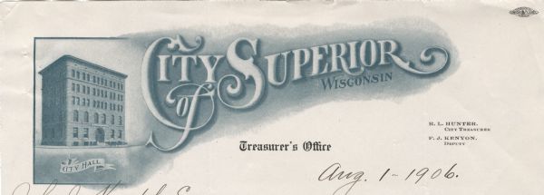 Letterhead of the City of Superior, Wisconsin, with a three-quarter view of City Hall, printed in blue-green ink, with additional text in brown ink, by Typographical Superior (union label).