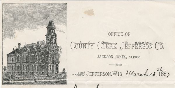 Letterhead of the Jefferson County Clerk's office, with a three-quarter view of a building with a clock tower and people walking near the building. Printed on lined note paper.