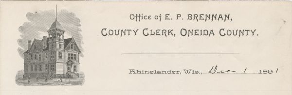Letterhead of the Oneida County Clerk's office, with a three-quarter view of the county building and boys playing ball, riding a penny-farthing bicycle, and rolling a hoop outside.