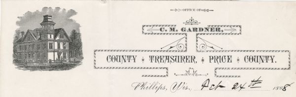 Letterhead of the Price County Treasurer's office, with a three-quarter view of the county building, and people walking and children playing outside. Text is displayed in fields embellished with printer's ornaments.