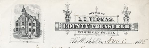 Letterhead of the Washburn County Treasurer's office, with a three-quarter view of the county building and people walking on the grounds. Text is in decorative fields embellished with printer's ornaments. Printed by H. Niedecken & Company Stationers, Milwaukee.