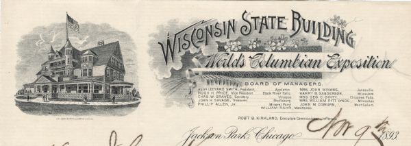 Letterhead of the Wisconsin State Building in Jackson Park at the World's Columbian Exposition, with a three-quarter view of the building and people strolling on the sidewalk around it. Text is ornamented with clouds, flowers, scrollwork, ribbons, and leaves. Lithograph by John Morris Company, Chicago.