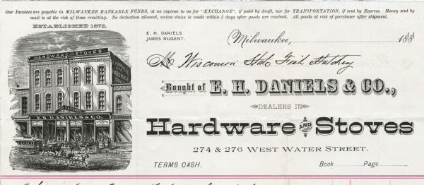 Billhead of the E.H. Daniels & Company of Milwaukee, Wisconsin, dealers in hardware and stoves, with a three-quarter view of the storefront, and horse-drawn wagons and a trolley car in the road.