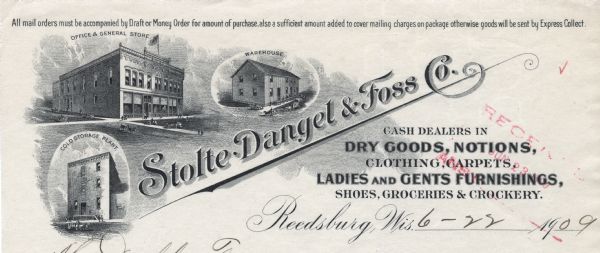 Letterhead of Stolte, Dangel & Foss Company of Reedsburg, Wisconsin, dealers in "Dry Goods, Notions, Clothing, Carpets, Ladies and Gents Furnishings, Shoes, Groceries & Crockery," with separate three-quarter views of the office and general store, warehouse, and cold storage plant. The name of the company is set on a diagonal.