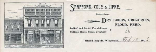 Letterhead of Spafford, Cole & Lipke of Grand Rapids, Wisconsin, general merchandise dealers, with a front view of its two side-by-side buildings; the storefront space has merchandise set out on the sidewalk in front of the display windows.