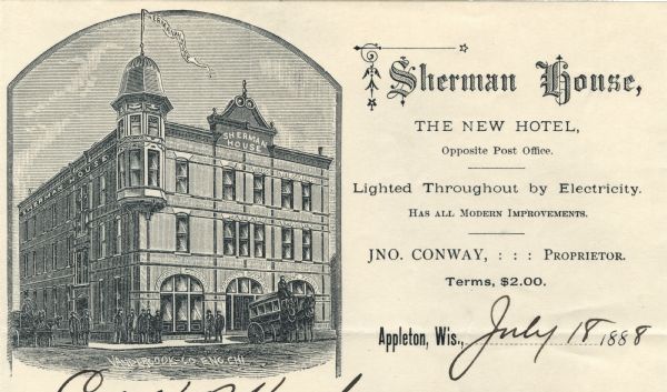 Letterhead of Sherman House of Appleton, Wisconsin, with a three-quarter view of the hotel and people standing on the corner, walking on the sidewalk, or driving horse-drawn carriages. Letterhead text highlights modern conveniences, including electric lighting. Printed by Vandercook Company Eng., Chicago, on lined note paper.