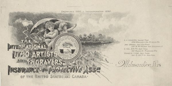 Letterhead proof for the International Litho Artists and Engravers Insurance and Protective Association of the United States and Canada, of Milwaukee, Wisconsin, with two children, the boy holding an umbrella against the falling rain; the girl gesturing toward the landscape in the distance, across a body of water. The children are unclothed, and rest in a bed of long-stemmed flowers. The sun peeks through an opening in the clouds, and a crack of lightning extends down to the ground. The circular grand seal of the general association features a pair of shaking hands and an artist's palette and brushes.