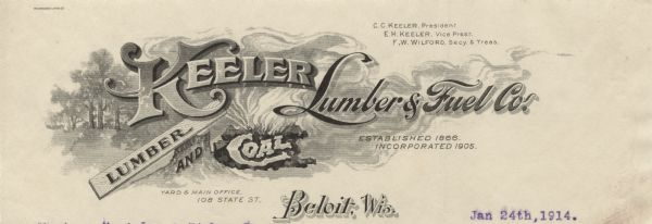 Memohead of Keeler Lumber & Fuel Company of Beloit, Wisconsin, a dealer in lumber and coal, with a tree stump, a pile of smoldering coal, and wisps of smoke in the foreground and trees in the background. Printed by the Milwaukee Lithographing Company.