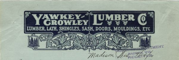 Memohead of the Yawkey-Crowley Lumber Company of Madison, Wisconsin, manufacturers of "Lumber, Lath, Shingles, Sash, Doors, Mouldings, etc.," with two text fields with backgrounds printed in deep blue ink, a center panel of acanthus leaves, and two side images of stands of evergreen trees. Printed in blue inks on light blue memo paper.