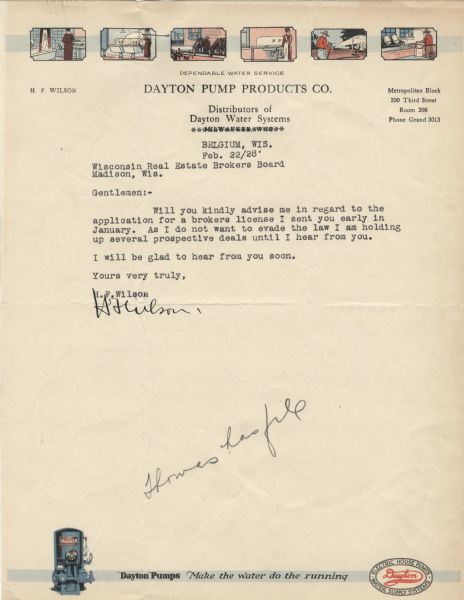 Letterhead of the Dayton Pump Products Company of Belgium, Wisconsin, distributor of Dayton Water Systems, with six vignettes of water systems in use: water running in a shower and a person in a bathrobe, double wash basins and a woman with a basket of laundry, horses drinking at a water trough, a wall-hung kitchen sink and a woman with a bucket and jug, a man in a ranger's hat holding a hose with water spraying out of it, and a man in a ranger's hat washing out milk cans by a trough. An image of a Dayton water pump, a logo, and the slogan "Dayton Pumps Make the water do the running" runs along the bottom of the page. Printed in blue, red, and black ink.