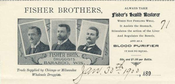 Letterhead of Fisher Brothers, druggists in Baraboo, Wisconsin, with framed halftone images of the three brothers and a printed advertisement on one side for Fisher's Health Restorer, a general tonic also sold as a blood purifier. Printed on perforated, lined notepad paper.