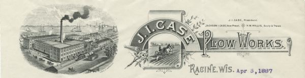 Memohead of the J.I. Case Plow Works of Racine, Wisconsin, with an elevated view of the company plant and a smaller scene set on a scroll of a man driving a plow pulled by two horses. The view of the plant includes horses pulling wagons, an engine and railroad cars on the tracks alongside the building, and ships sailing on the Root River. Printed by Gies & Co., Buffalo, New York.