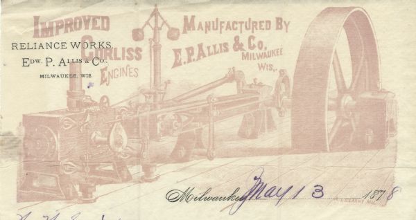 Letterhead of the E.P. Allis & Company of Milwaukee, Wisconsin, with a three-quarter view of the Corliss steam engine it manufactured. Printed in red and black inks on onionskin paper by A.L. Clarke, Milwaukee.