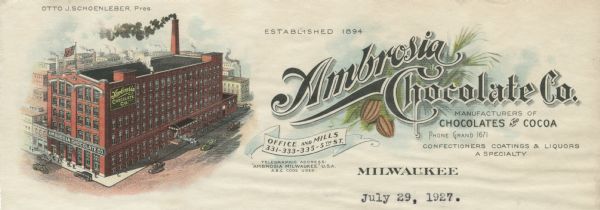Letterhead of the Ambrosia Chocolate Company of Milwaukee, Wisconsin, manufacturers of chocolate confectionery and cocoa, with an elevated view of the company building. The background for the letterhead text depicts the beans and leaves of the cacao plant. Printed in color.