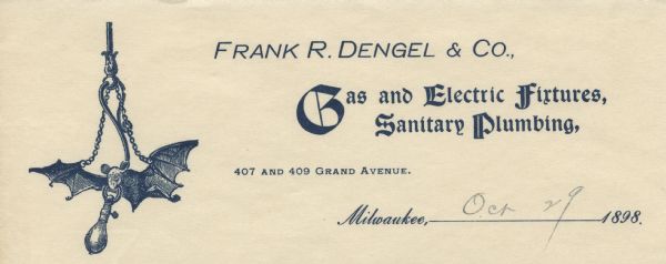 Letterhead of the Frank R. Dengel & Company of Milwaukee, Wisconsin, dealer in lighting fixtures and sanitary plumbing. On the left is an illustration of a hanging electric fixture of a bat suspended from a chain holding a socket and light bulb in its mouth. Printed in blue ink on lined note paper.