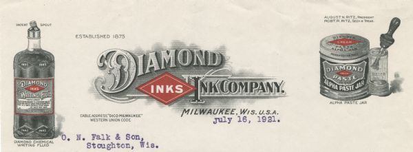 Memohead of the Diamond Ink Company of Milwaukee, Wisconsin, with product images of a bottle of writing fluid and a jar of alpha paste with an attached water vial and brush. Printed in black with red highlights on the company's diamond-shaped labels for "inks" or "cream" ink products.
