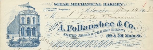 Billhead of A. Follansbee & Company of Milwaukee, Wisconsin, a steam powered bakery producing "aerated" bread, biscuits, crackers, and cookies. On the left is a three-quarter view of the storefront, workers loading goods into the company wagon, and people walking by the building. Printed in blue ink by Knauber & Berlandi, No. 1, Spring St.