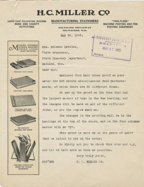 Letterhead of the H.C. Miller Company of Milwaukee, Wisconsin, manufacturing stationers, with images of five types of loose leaf business ledger bindings along the left hand side of the page, under the motto, "Modern Business Methods Require Modern Loose Leaf Devices," with the initial capital "M" serving as the first letter for "Modern," "Methods," and "Modern".