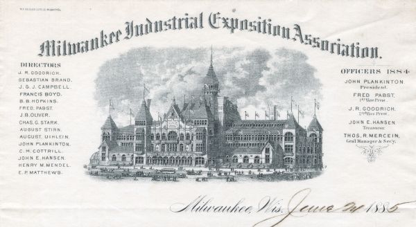 Letterhead of the Milwaukee Industrial Exposition Association, with a three-quarter view of the association building, people walking, riding horses, and driving or riding in horse-drawn carriages and a trolley. Printed by the Gugler Lithographic Company, Milwaukee.