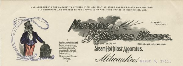 Letterhead of National Blower Works of Milwaukee, Wisconsin, manufacturers of "Steam Hot Blast Apparatus." On the left is an Uncle Sam figure pointing to a piece of heating and ventilating machinery. The image is framed by a hand-drawn semi-circle with scrolled flourishes. Printed in black ink with blue and red accents for Uncle Sam's jacket, vest, and striped pants.