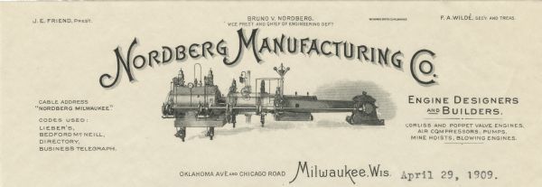 Memohead of the Nordberg Manufacturing Company of Milwaukee, Wisconsin, an engine manufacturer, with a center image of an engine. Printed by Wilmanns Bros. Company, Milwaukee.