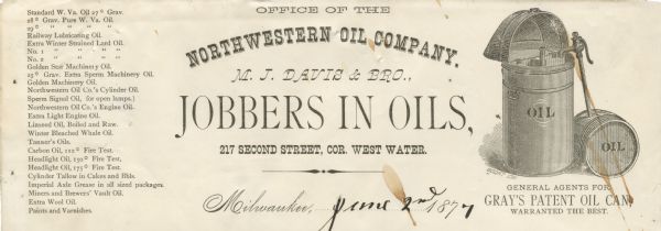 Letterhead of the Northwestern Oil Company of Milwaukee, Wisconsin, jobbers in various types of oils, with an engraving of a barrel of oil with a spigot over an open Gray's Patent Oil Can, a product for which the company served as an agent.