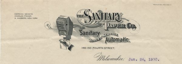 Memohead of the Sanitary Paper Company of Milwaukee, Wisconsin, a toilet paper service, with a hand pulling a sheet of toilet paper from a Sanitary dispenser, printer's flourishes, and a shaded background. Printed by the Milwaukee Lithographing and Engraving Company.