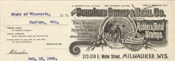 Billhead of the Schwaab Stamp & Seal Company of Milwaukee, Wisconsin, an engraver and manufacturer of seals, stamps, and checks. In the center is a circular image of elves working with machinery and the Latin motto, "Age Bene Quod Agis" (That which you do, do well); a seal featuring fine medals and embossing dies; a scroll; signboards; and foliage embellishing the circular segments.