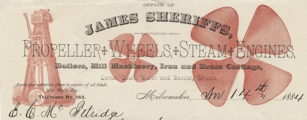 Letterhead of James Sheriffs of Milwaukee, Wisconsin, manufacturer of "Propeller Wheels, Steam Engines, Boilers, Mill Machinery, Iron and Brass Castings," with background images printed in red ink of a piece of machinery and two propeller wheels. Printed on lined letter pad paper.