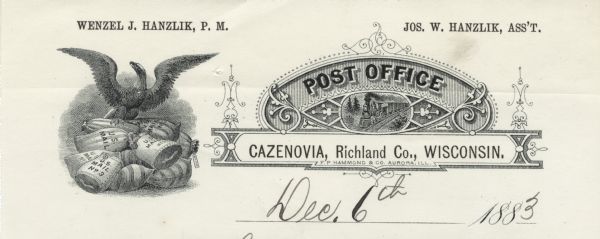 Letterhead of the Post Office in Cazenovia, Wisconsin. On the left is an eagle resting on a pile of U.S. Mail bags. On the right is an image of a railroad train coming down the tracks set into a cartouche with decorated borders, printer's ornaments, and shadowed lettering reading "Post Office" above a banner with the name of the town. Printed on lined note paper by F.P. Hammond & Co., Aurora, Illinois.