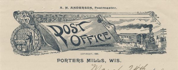 Letterhead of the Post Office in Porters Mills, Wisconsin, with a man putting mail into post office boxes, a padlocked mail bag that serves as a signboard for "Post Office," and a mail train coming down the track. The town of Porters Mills was established around Northwestern Logging Company operations in the 1860s, and existed until 1904. Printed in blue ink on lined note paper by Morrill Bros. Printers, Fulton, New York.