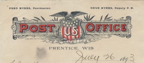 Letterhead of the Post Office in Prentice, Wisconsin, with a banner that reads "Post Office" in red letters, and an eagle perched on a shield with stars and red stripes which reads "US". Printed in black and red inks by Morrill Bros. Printers, Fulton, New York, on lined note paper.
