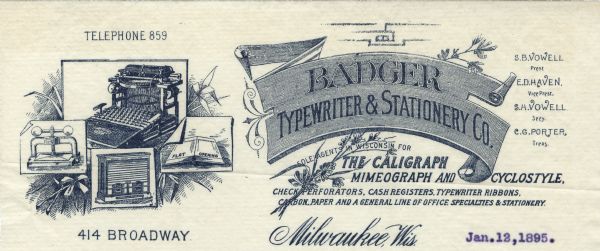 Memohead of the Badger Typewriter & Stationery Company of Milwaukee, Wisconsin, with individual images of a typewriter, a book press, a "flat opening" book, and another example of office machinery. The name of the company appears on a banner with scrolled edges, embellished with a spray of flowers.