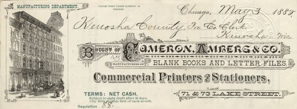 Memohead of Cameron, Amberg & Company of Chicago, Illinois, a printer, stationer, and manufacturer of blank books and letter files. On the left is a view of the company storefront and traffic in the road in front of the store. The name of the company is surrounded by printers' ornaments. Printed in black and green inks.