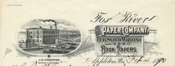 Letterhead of the Fox River Paper Company of Appleton, Wisconsin, with a three-quarter view of the company building and a hanging roll of paper that incorporates the company name. Printed by J. Knauber & Co. Lithographing Company, Milwaukee.