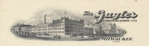 Letterhead of the Gugler Lithographic Company of Milwaukee, Wisconsin, with a three-quarter view of the company building.