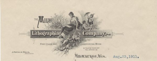 Letterhead of the Milwaukee Lithographing Company, with a woman in classical dress holding a document in her lap and sitting amidst grass and flowers, a rising or setting sun or moon, and two children nearby, one holding an open parasol. Three putti holding flowers, ribbons, and a hunting bow hover near her feet.