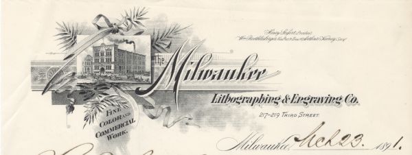 Letterhead of the Milwaukee Lithographing & Engraving Company, with a three-quarter view of the building, set into a decorated border with the name of the company and embellished with ribbons, foliage, and shading. Printed on letter pad paper.
