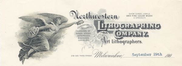 Memohead of the Northwestern Lithographing Company of Milwaukee, art lithographers, with a flying winged female figure in flowing robes, holding an artist's palette with the initial "N" and a laurel wreath extended toward the name of the company.