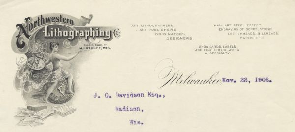 Memohead of the Northwestern Lithographing Company of Milwaukee, Wisconsin, art lithographers, publishers, and engravers, with a standing female figure in a flowing drape, holding an artist's palette with the initial "N" and a brush poised to paint, in front of a clock and books, with papers on the ground near her feet.