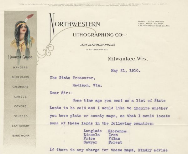 Letterhead of the Northwestern Lithographing Company of Milwaukee, Wisconsin, art lithographers, with a sidebar image of an American Indian woman with braids and a headband with a feather in it, wearing a fringed garment and beads.
