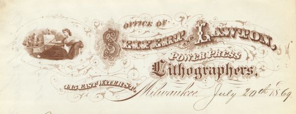 Letterhead of Seifert and Lawton, power press lithographers in Milwaukee, Wisconsin. On the left is a woman dressed in robes reclining on a chaise longue, holding an artist's palette and painting a picture on an easel. The table next to the easel holds a bust, a model of drapery, and an urn. Printed in brown ink with many printer's flourishes and the name of the company in different typefaces.