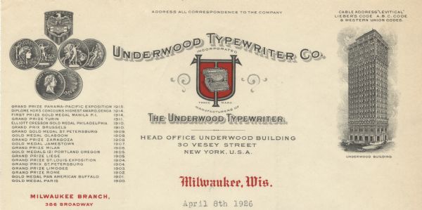 Letterhead of the Milwaukee branch of the Underwood Typewriter Company, headquartered in New York. In the center is the image of a typewriter with a red background over the superimposed initials "U" and "T"; on the left is a depiction of several medals the company won along with a list of awards and the year they were won. On the right is a three-quarter view of the Underwood building in New York. Printed in black and red inks.