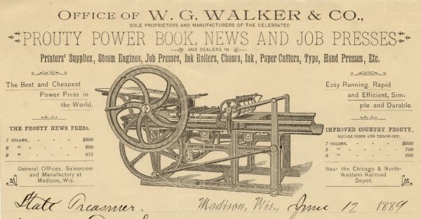 Letterhead of W.G. Walker & Company of Madison, Wisconsin, manufacturers of Prouty Power Book, News, and Job presses and dealers in printing supplies and steam engines, with a three-quarter view of the patented Prouty Power Press. Printed on lined letter pad paper.