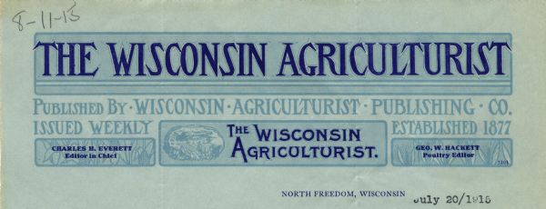 Letterhead of The Wisconsin Agriculturist, a weekly published in North Freedom, Wisconsin, with small background images of corn and wheat and a farmer plowing a field with a horse-drawn plow. Printed in two shades of blue ink on light blue paper.