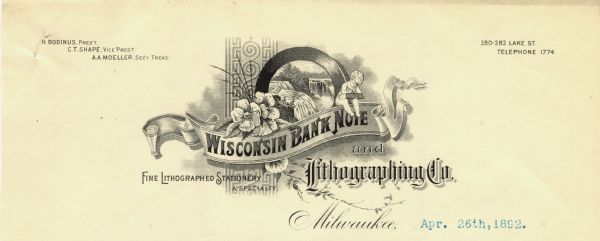 Letterhead of the Wisconsin Bank Note and Lithographing Company of Milwaukee, Wisconsin, with a child writing on a tablet and perching on a banner bearing part of the company name, an inset view of a landscape with waterfalls, and a vertical banner with scroll and key patterns, all embellished with flowers.